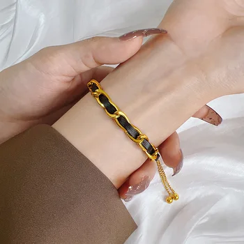 Кожаный браслет с плетением из веревки для женщин и девочек в стиле Коко Золотого цвета, аксессуар из нержавеющей стали, цепочка, подвески, ювелирный подарок (GB459)