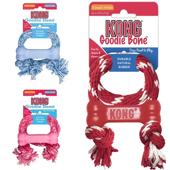 Косточка для щенка KONG KP51 с веревочкой (XS), красная/розовая/синяя