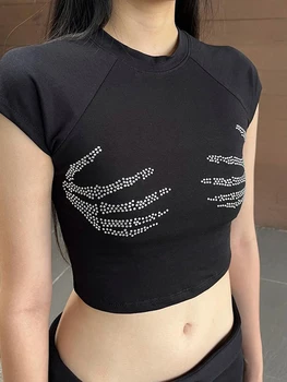 Летние Эстетичные футболки Y2k с коротким рукавом и круглым вырезом, повседневные сексуальные укороченные топы, Уличная одежда, стразы, Модные тонкие футболки Femme