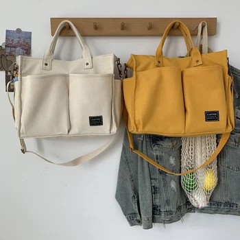 Модная сумка для покупок, высококачественные сумки, Хлопковая холщовая сумка-тоут, сумки-мессенджеры через плечо С наружными карманами