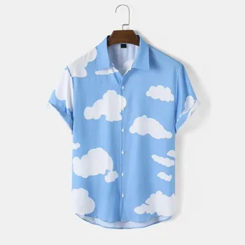 Мужская гавайская рубашка с короткими рукавами, летний быстросохнущий лацкан, повседневная 3D печать, оверсайз, дышащая, прохладный облачный узор, li