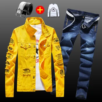 Мужская джинсовая куртка + джинсовые брюки, весенне-осеннее модное пальто с буквенным принтом, брюки с поясом, бесплатная отправка футболок, костюм из 4 шт.