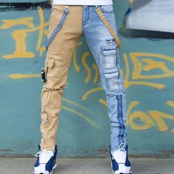 Мужские Джинсы-карго, Повседневные брюки с цветными блоками, Трендовые Тонкие Прямые мужские джинсы на молнии со средней талией, Lugentolo