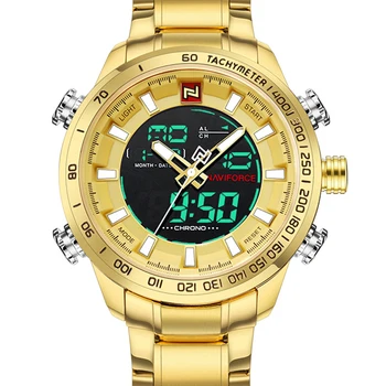 Мужские часы NAVIFORCE Роскошный Золотой стальной ремешок Водонепроницаемые Спортивные светодиодные цифровые военные Кварцевые Наручные часы Relogio Masculino