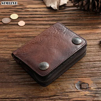 Мужской кошелек SIMLINE из натуральной кожи, роскошные мужские винтажные короткие двойные кошельки ручной работы, кошелек с застежкой-молнией, карман для монет, держатель для карт