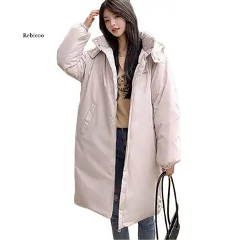 Новая зимняя Длинная Пуховая Хлопчатобумажная куртка для студенток, Корейская Свободная парка с капюшоном, пальто Оверсайз, Холодная теплая верхняя одежда