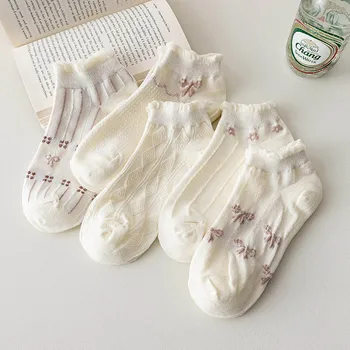 Носки Для Женщин, Летние Тонкие Носки с Принтом Кавайного Банта, Простые Модные Удобные Дышащие Хлопчатобумажные Носки в Корейском Академическом Стиле B109