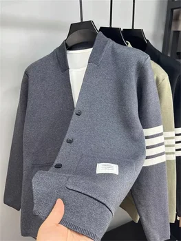 Оригинальный дизайнерский Мужской вязаный кардиган 2022, свитер в полоску с карманами, Осенняя высококачественная Простая повседневная мужская одежда