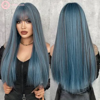 ПАРИКИ 7JHH, ярко-синий парик для женщин на каждый день, парики из длинных прямых волос с челкой, Натуральный синтетический парик, термостойкий