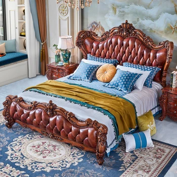 Первый слой коровьей кожи в европейском стиле, 1,8 м, двуспальная кровать из массива дерева, американская роскошная главная спальня, свадебная кровать
