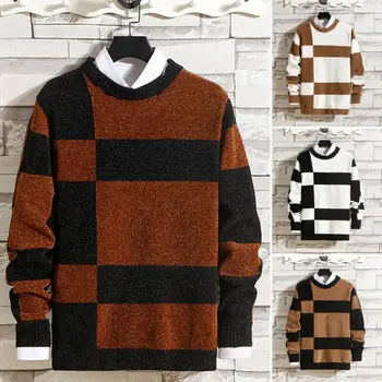 Приталенный свитер, Вязаные мужские зимние свитера с цветными блоками, Толстые мягкие стильные Пуловеры для комфорта на открытом воздухе, толстый свитер