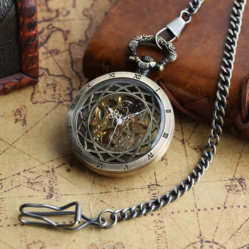 Прозрачные бронзовые/черные карманные часы с ручным управлением в виде скелета с подвесной цепочкой, подвеска с ручным заводом, карманные часы