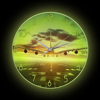 Реактивный самолет, пролетающий над взлетно-посадочной полосой, настенные часы со светодиодной подсветкой для гостиной, Авиационный самолет, домашний декор, настенные часы