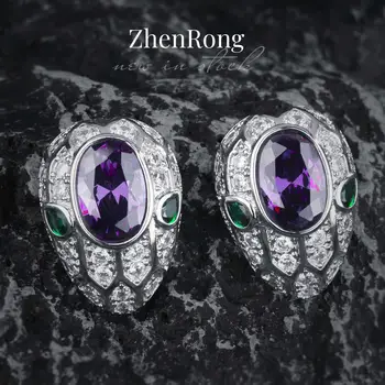 Роскошные Овальные серьги с фиолетовыми кристаллами, Изысканная мода, Серебряная игла 925 пробы, дизайн Змеиной головы, серьги-гвоздики Для женщин, Свадебные украшения
