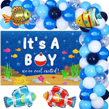 Рыболовные Украшения для Душа Ребенка для мальчика, Набор Гирлянд из Голубых Рыболовных шаров с Фоном для мальчика, Рыбные Принадлежности для Вечеринки в честь Дня Рождения