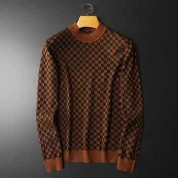 Свитер контрастного цвета в клетку 2024, Осенний Мужской пуловер с длинным рукавом, приталенный пуловер с принтом, Светская рубашка, Уличная одежда