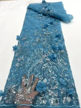 Синяя Африканская 3D Кружевная ткань 5 ярдов 2023, Высокое качество, Расшитая бисером, Французская Нигерийская Кружевная ткань с пайетками для Свадьбы