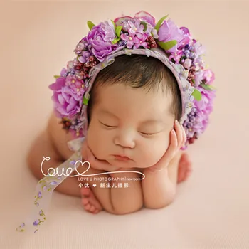 Сиреневый капор ручной работы с цветами для маленьких девочек, прекрасный капор с растительным орнаментом для новорожденных, реквизит для фотосъемки, шапочка для новорожденных, шапочка с рюшами