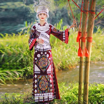 Традиционное платье хмонгб в китайском стиле Женское свадебное платье Фестиваль Весенней вышивки Мяо Этническая