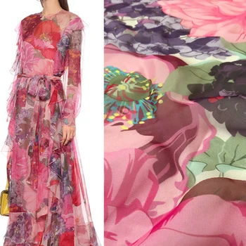 Фирменный модный дизайн, Шифоновая ткань, полиэстер с принтом, розовый, прозрачный для платья-рубашки, ткани для женской одежды, ткань на метр