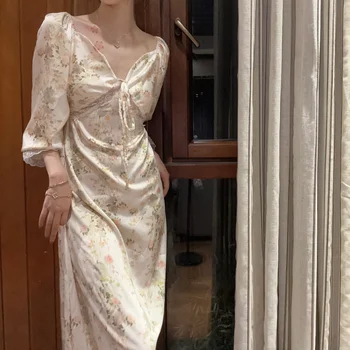 Шелковая ночная рубашка QWEEK в викторианском стиле, пижамы Принцессы, Длинная Женская ночная рубашка с цветочным принтом и длинным рукавом