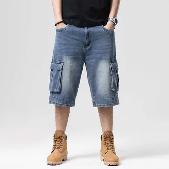 Шорты-шаровары в стиле хип-хоп Больших размеров, Мужские повседневные шорты, Прямые, Свободные, с большим карманом, уличная джинсовая одежда