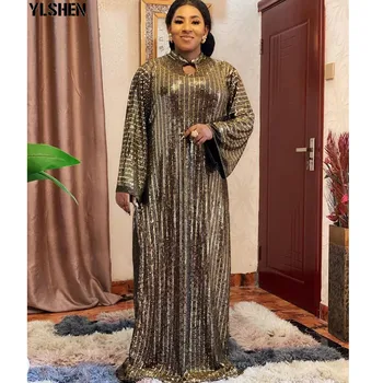 Эластичное платье Макси с блестками и длинным рукавом Африканские платья для женщин 2021 Рамадан Мусульманское платье для вечеринки Boubou Robe Longue Abaya Дубай