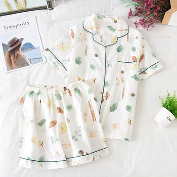 Японская весенне-летняя пижама женская из 100% хлопка и марли тонкого сечения, свободная корейская версия домашней одежды с коротким рукавом, короткая