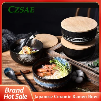 Японская Креативная Керамическая миска для Рамена, Домашняя Персонализированная Ресторанная посуда, Ретро-Набор мисок для супа с лапшой быстрого приготовления с крышкой