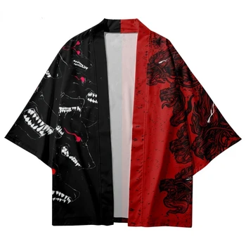 Японское Традиционное Кимоно с принтом Дракона, подходящий по Цвету Кардиган Юката Для Мужчин И Женщин, Красный, черный, Одежда Самурая Хаори для Косплея